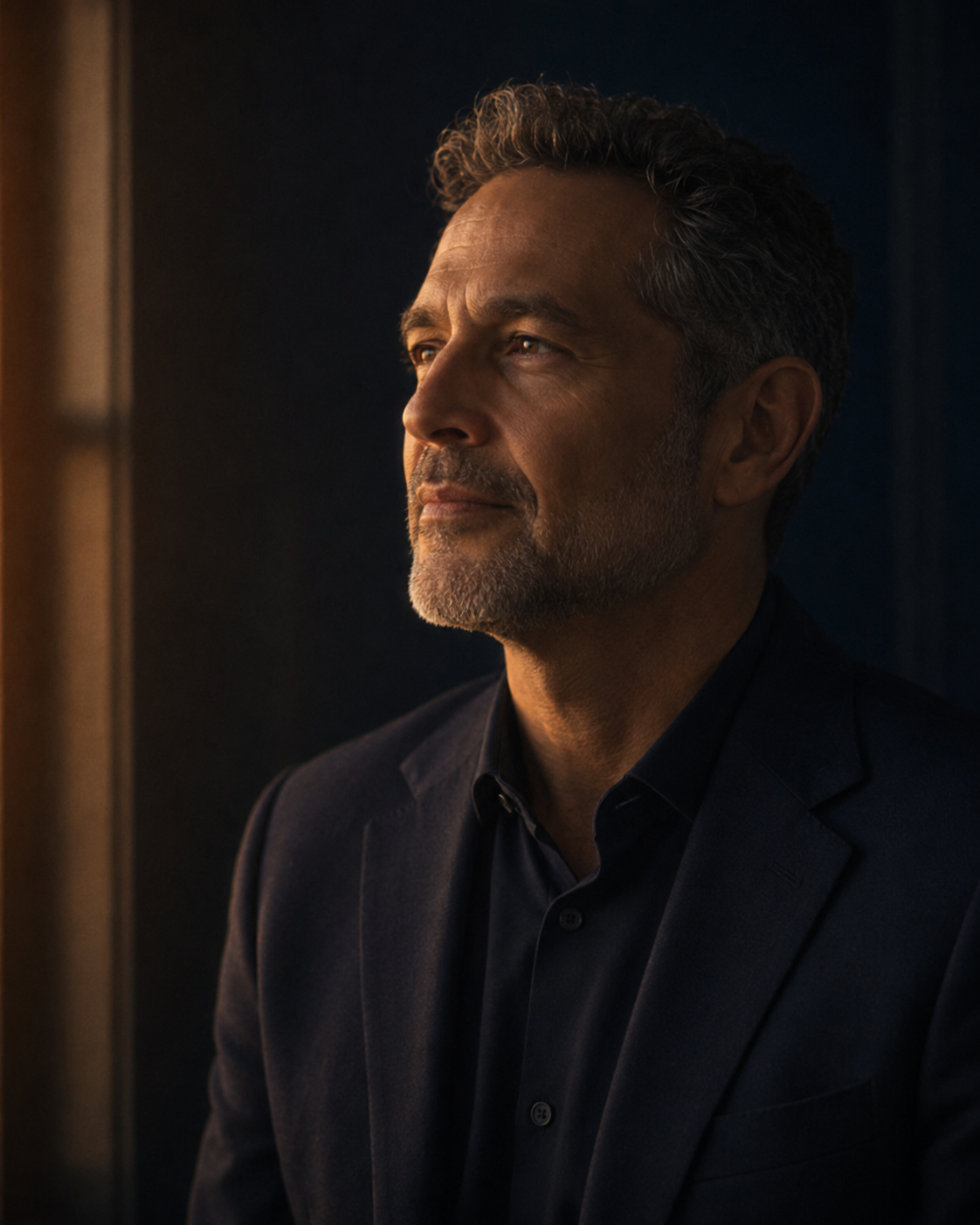 Experienced male leader in reflective profile lit by warm window light.